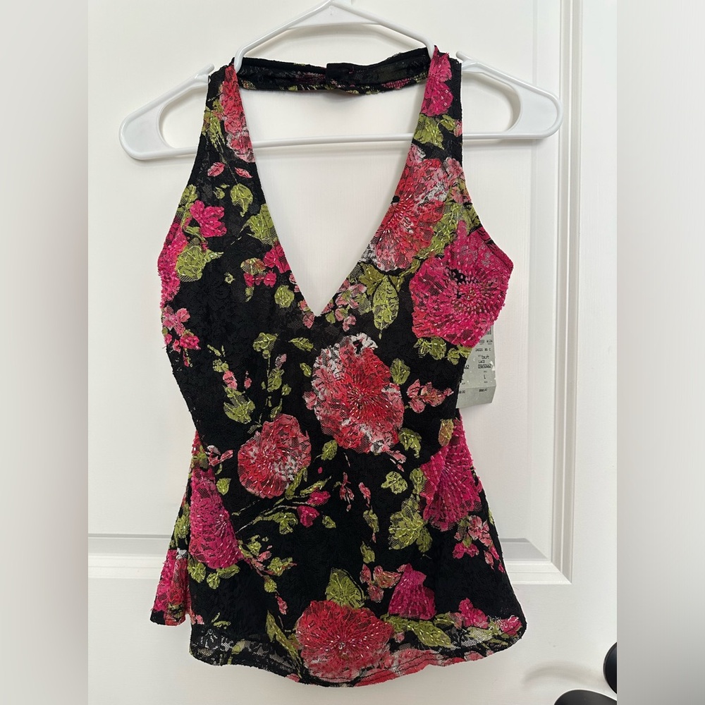 Cache beaded black and pink floral halter top. Size large.